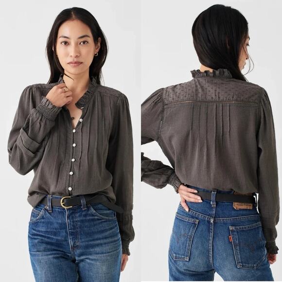 Faherty Button Shirt Top Willa Ruffle Gray Blouse Organic Cotton Size XL NWT NEW